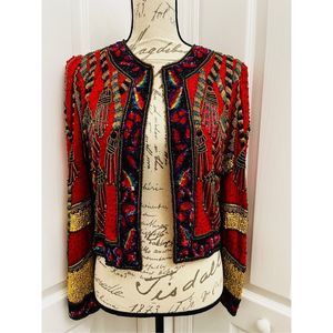 Vintage 1980s Red Silk heavily beaded jacket sequin size S Laurence Kazar